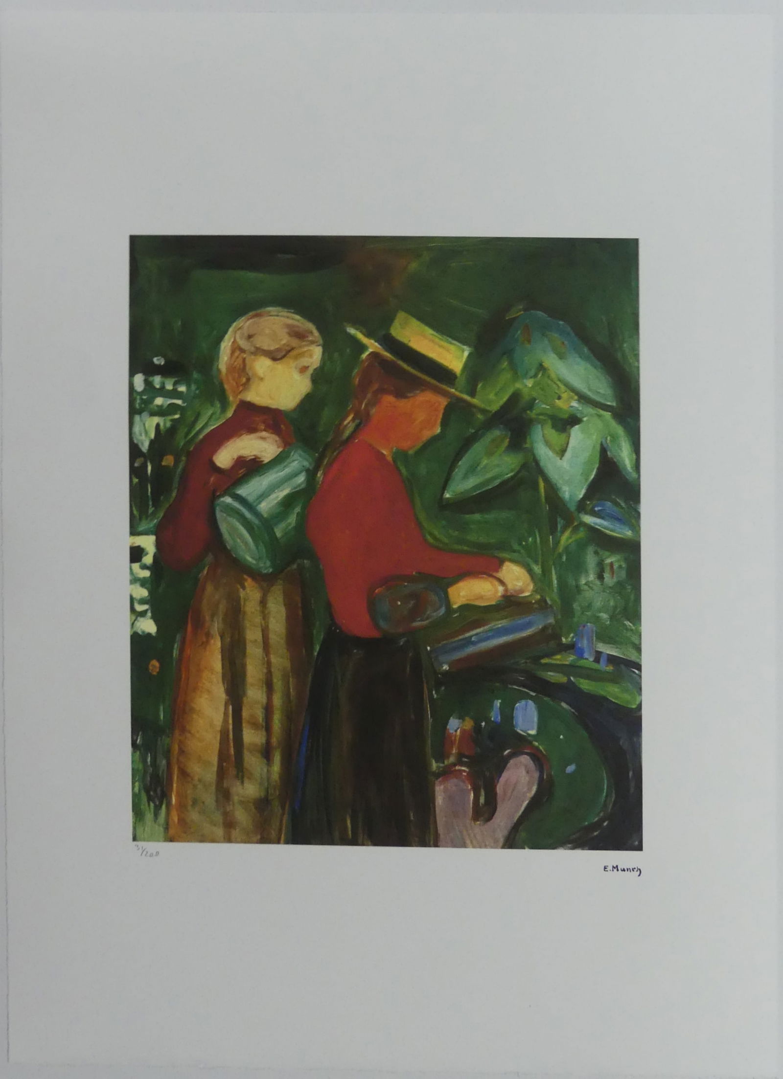 EDVARD MUNCH 'THE LINDE FRIEZE' LITHOGRAPH: Edvard Munch 'Girls Watering Flowers' lithograph. Signed in the plate lower right. Numbered in pencil 31/200 and holds TREC blindstamp lower left. Sheet measures 27 1/2" x 19 3/4".