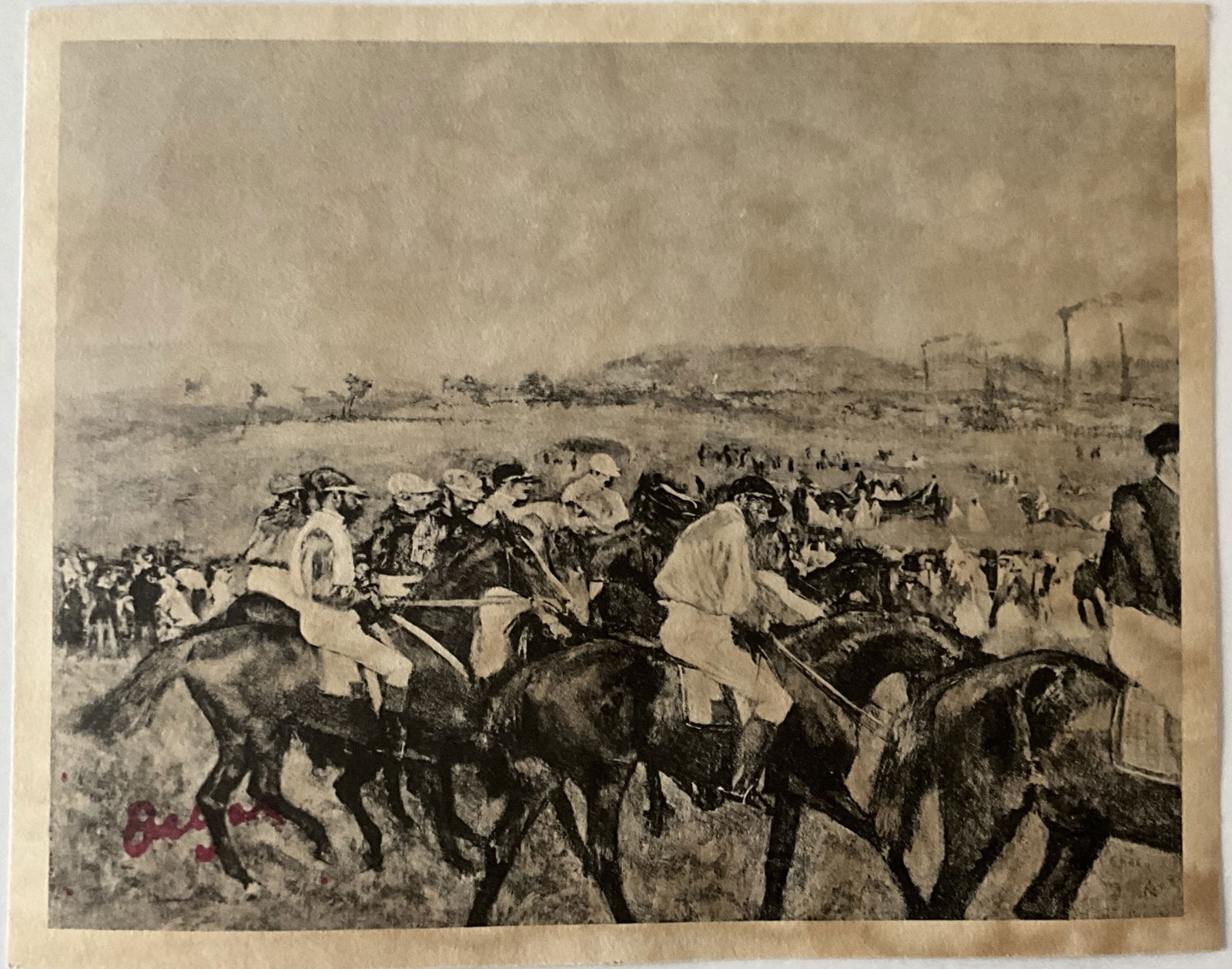 EDGAR DEGAS 'HORSE RACING' STAMPED VINTAGE PRINT: Edgar Degas (French) 'Horse Racing' vintage print. Stamped signature lower left side. Measures 6 x 8 inches.