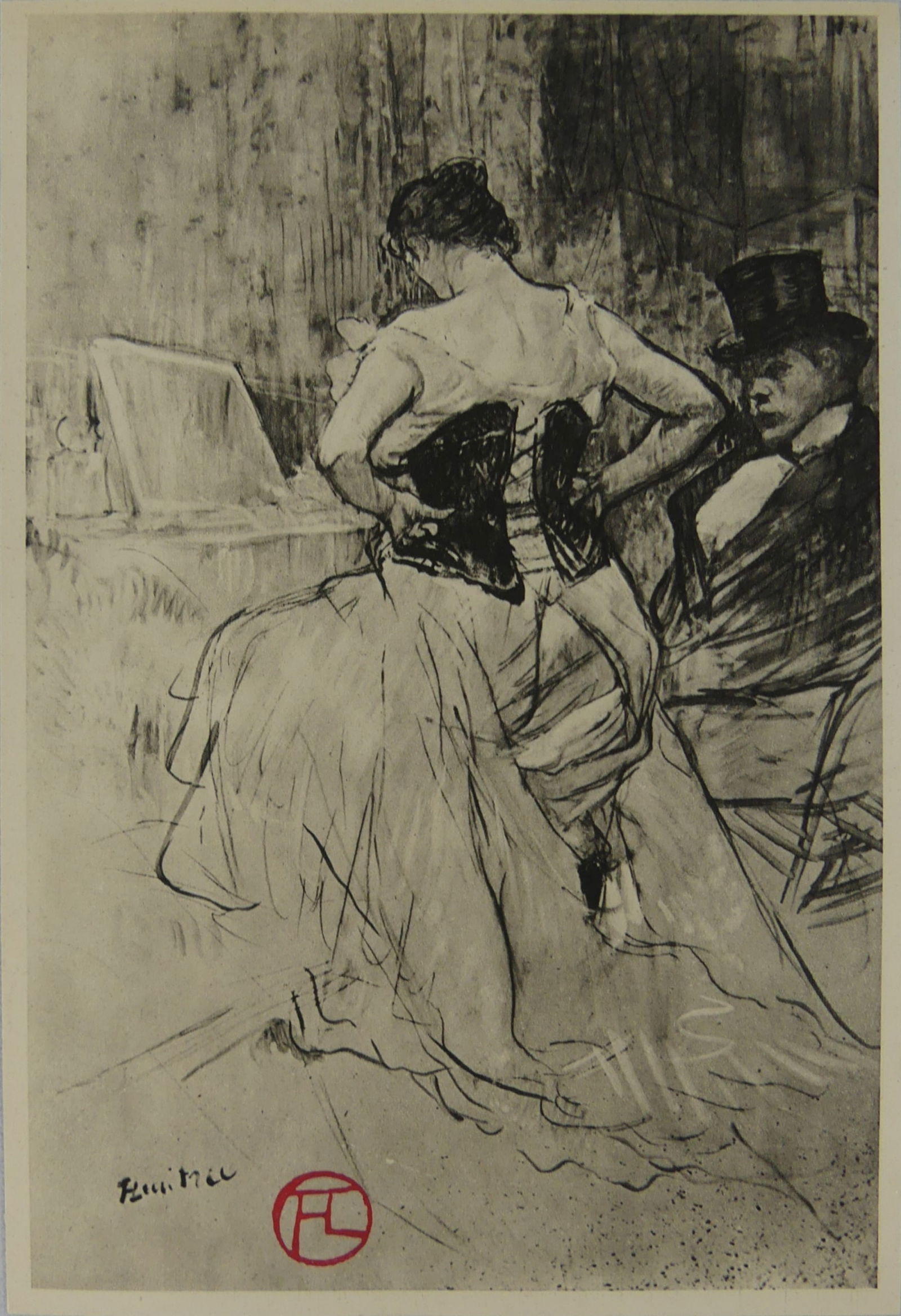 TOULOUSE-LAUTREC 'WOMAN IN CORSET' STAMPED PRINT: Henri de Toulouse-Lautrec 'Women in Corset' print. Stamped monogram in red lower left. Mounted. Sheet measures 10 1/8" x 6 7/8".
