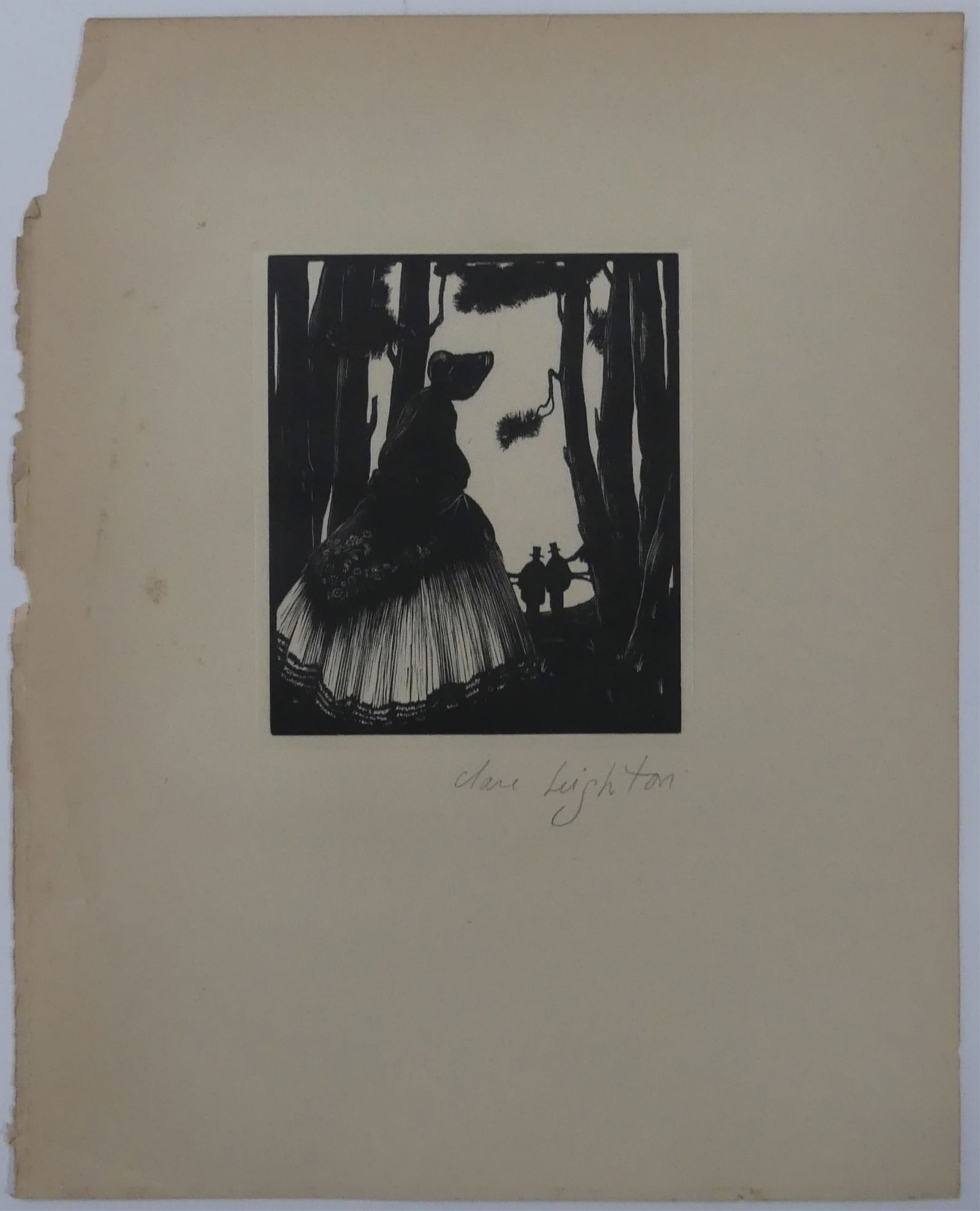 CLARE LEIGHTON 'THE CRINOLINE' WOODCUT: Clare Leighton 'The Crinoline' woodcut. Pencil signed lower right. Measures 12 3/8" x 9 7/8".