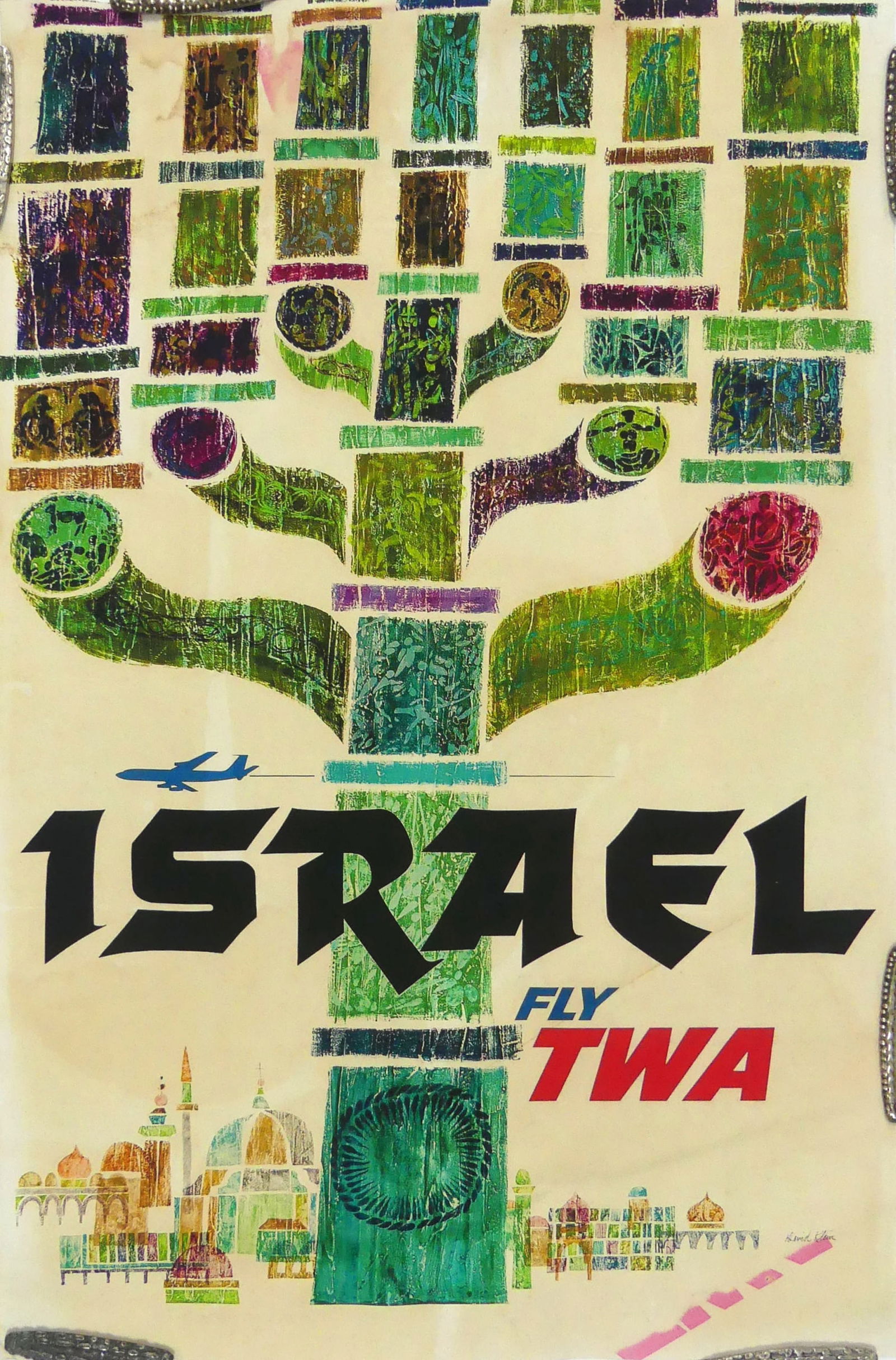 ISRAEL FLY TWA TRAVEL POSTER: Israel Fly TWA Trans World Airlines travel poster reprint. Sheet measures 25 3/4" x 23 7/8".