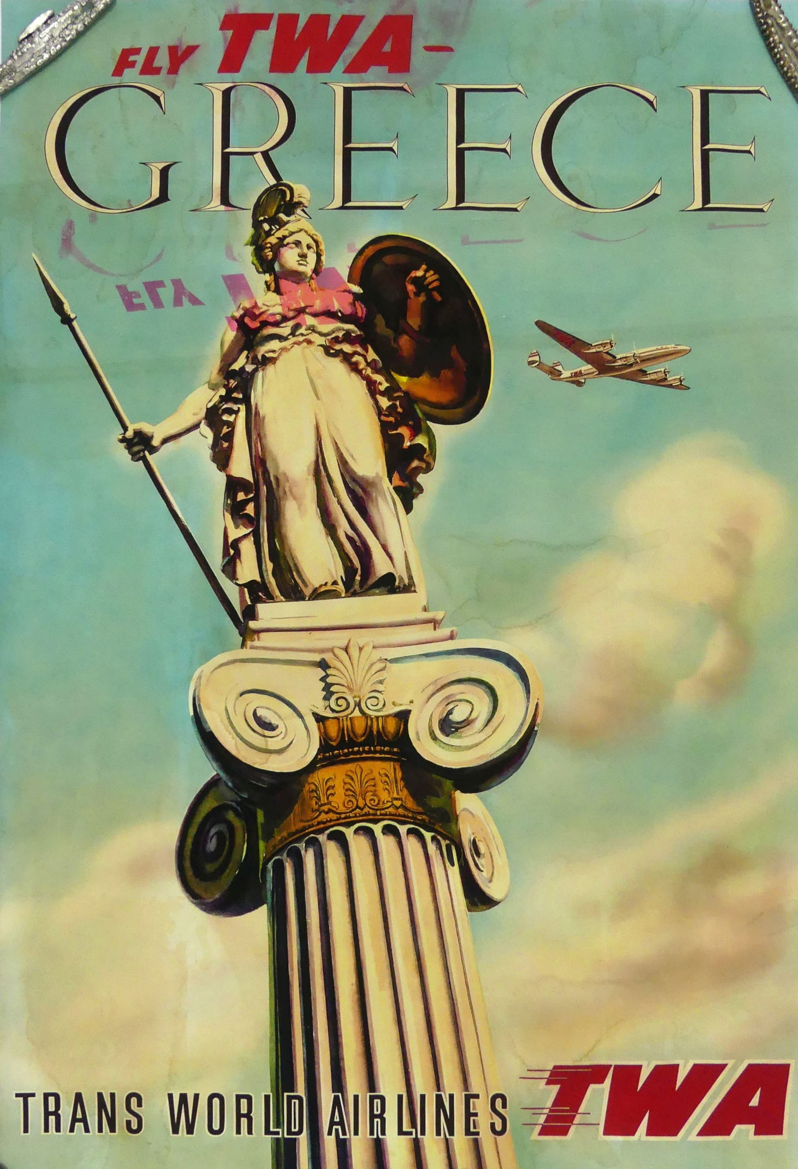 GREECE FLY TWA TRAVEL POSTER: Greece Fly TWA Trans World Airlines travel poster reprint. Sheet measures 35 3/4" x 23 7/8".