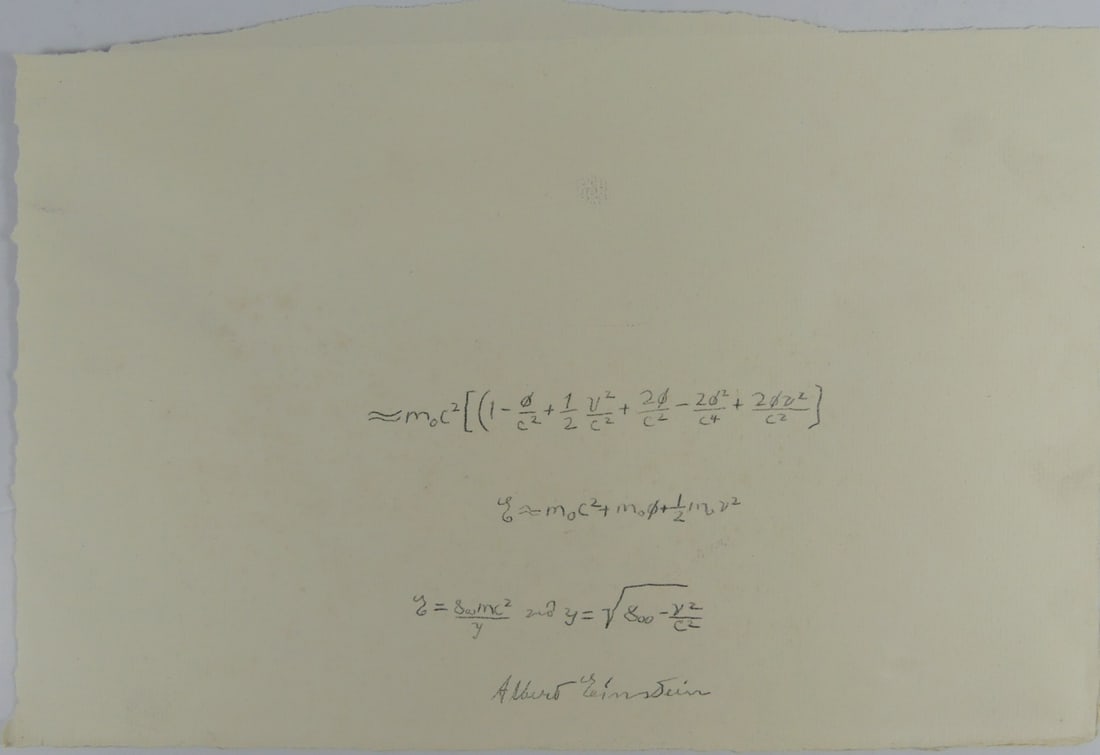 ALBERT EINSTEIN HAND SIGNED EQUATION: Albert Einstein document with handwritten equation. Pencil signed near lower edge. Sheet measures 12" x 8 1/2".