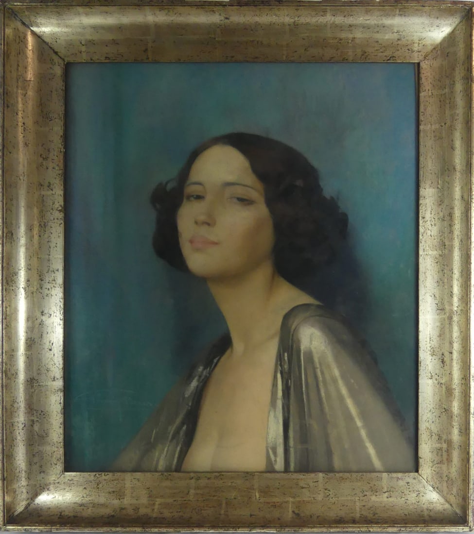 FIRMIN BAES 'PORTRAIT OF A YOUNG WOMAN' PASTEL: Firmin Baes (Belgian, 1874-1943) pastel painting on canvas depicting a portrait of a young beauty. Signed lower left. Viewable measures 23" x 19 1/4". Frame measures 28 3/4" x 24 3/4" x 2 1/4".