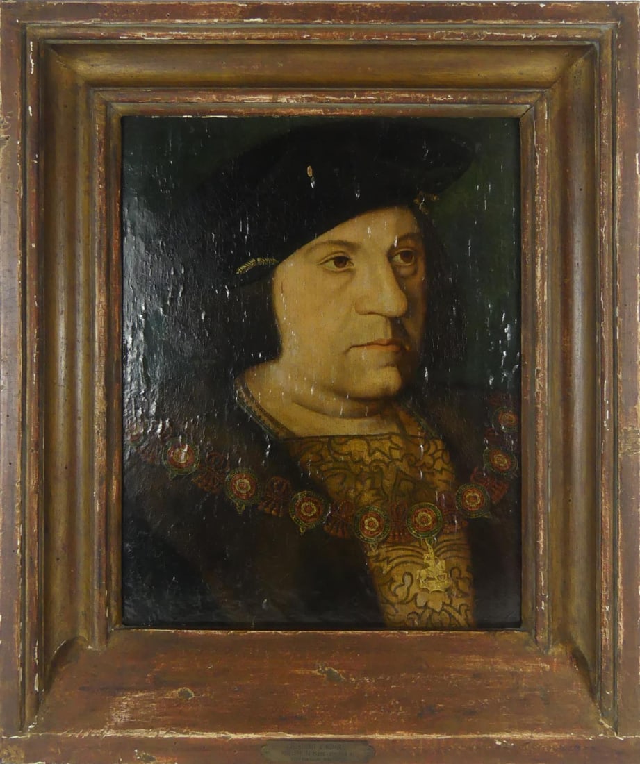 HANS HOLBEIN 'SIR HENRY GUILDFORD' OIL ON PANEL: Oil painting on wood panel depicting a portrait of Sir Henry Guildford attributed to Hans Holbein (The Younger). Viewable measures 15" x 11". Frame measures 21" x 18" x 2 3/4".
