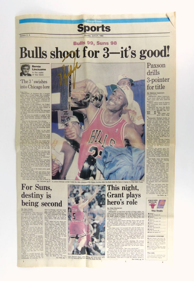 MICHAEL JORDAN SIGNED CHICAHO TRIBUNE NEWSPAPER: Chicago Tribune Sports Section 3 from Monday, June 21, 1993. Autographed in gold felt tipped pen. Folded. Measures approx 14" x 11 1/4".