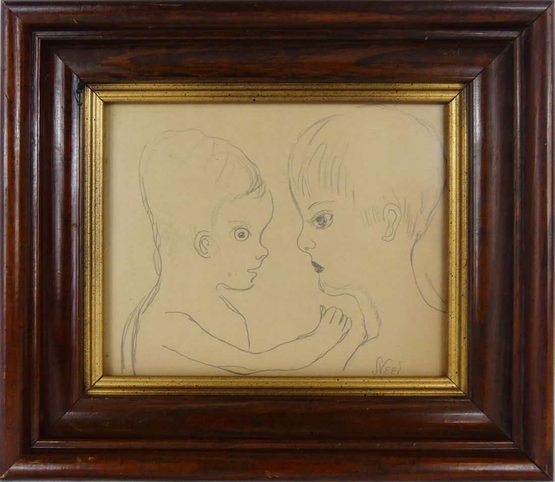 ALICE NEEL GRAPHITE DRAWING ON PAPER: Alice Neel (attributed) pencil drawing on paper depicting two figures. Signed lower right. Holds label to verso. Viewable measures 9 1/4" x 7 1/2". Frame measures 14" x 12 1/4" x 1 3/4".
