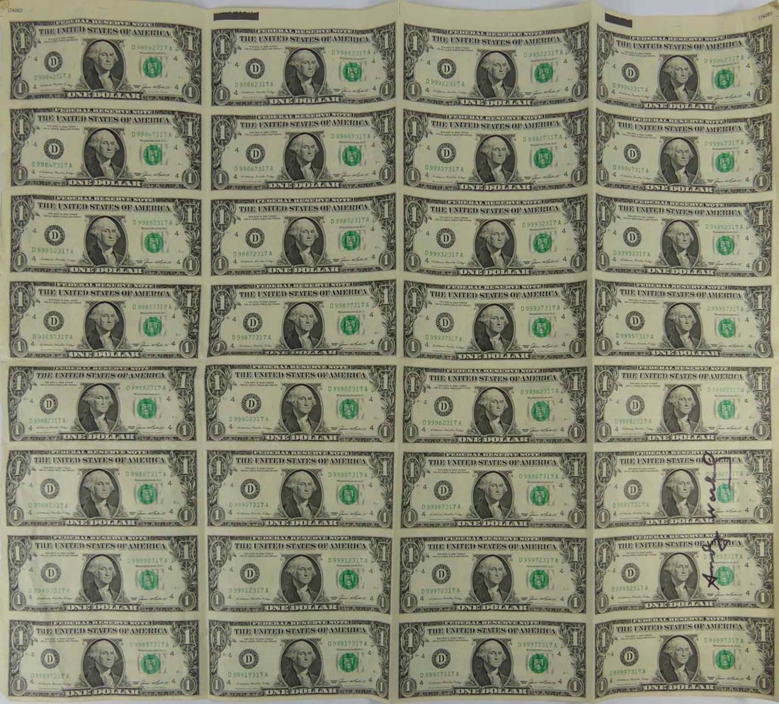 32 ONE DOLLAR NOTES (UNCUT) SIGNED ANDY WARHOL (1 of 5)