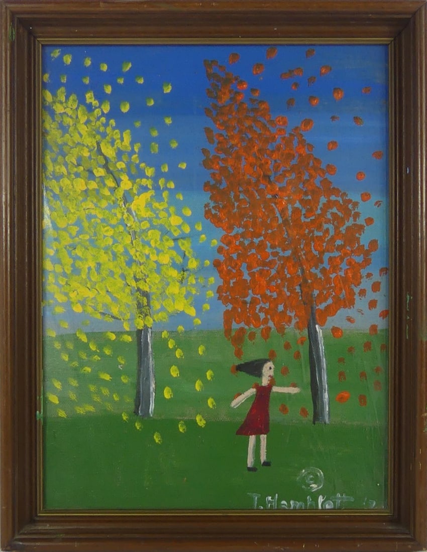 THEORA HAMBLETT OIL PAINTING ON BOARD: Oil painting on canvas board depicting a landscape after Theora Alton Hamblett. Depicts a landscape with two large trees and young girl in red dress on a windy day. Signed and dated lower right. Holds