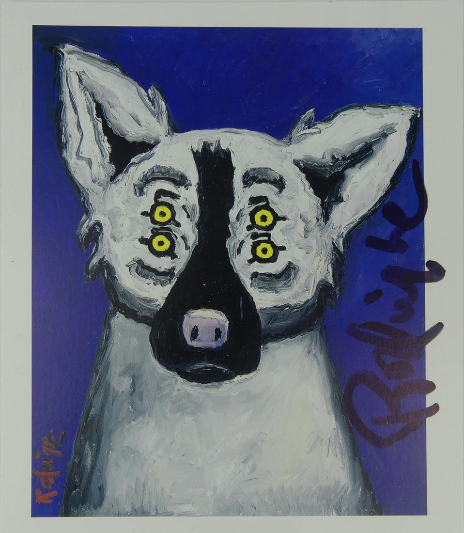 GEORGE RODRIDGUE 'BLUE DOG' SIGNED OFFSET LITHO: George Rodrigue 'Blue Dog' offset lithograph. Marker signed to right edge. Mounted to cardstock. Measures 8" x 6 7/8".