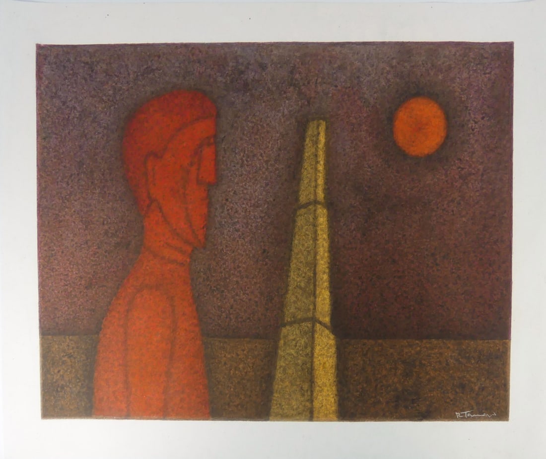 RUFINO TAMAYO 'FIGURE EN ROJO' PRINT IN COLORS: Rufino Tamayo 'Figure in Red' print in colors. Signed in the plate lower right. Sheet measures 35 1/2" x 29 3/4".