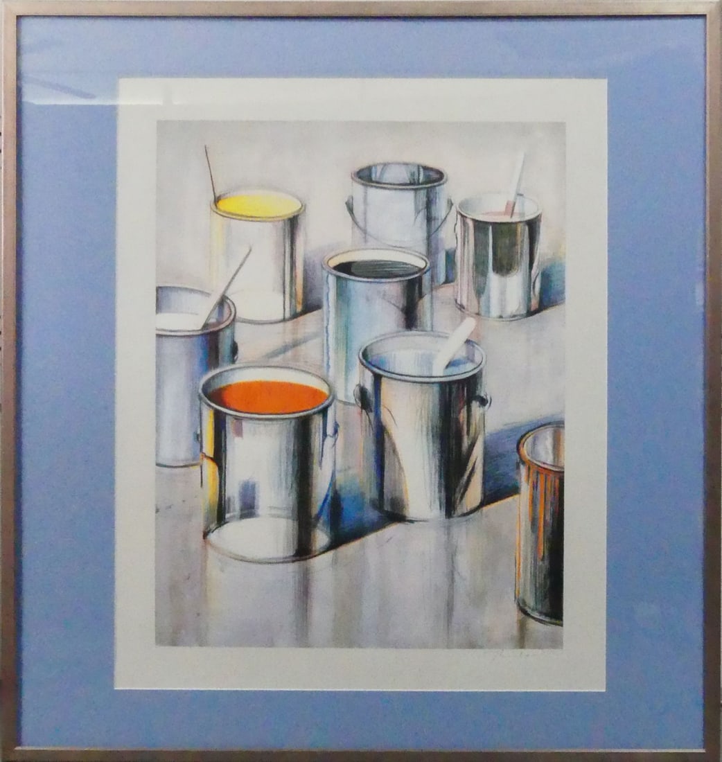 WAYNE THIEBAUD 'PAINT CANS' PRINT IN COLORS: After Wayne Thiebaud 'Paint Cans' print in colors on wove paper. Pencil signed and dated 1990 lower right. Viewable measures 34 3/4" x 27 3/4". Frame measures 43 1/4" x 31" x 1".
