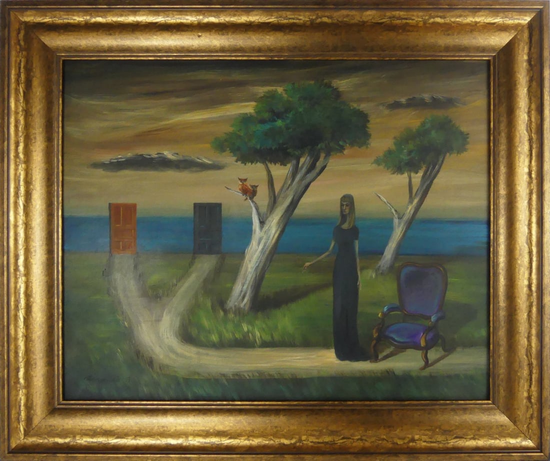 GERTRUDE ABERCROMBIE OIL PAINTING ON MASONITE: Style of Gertrude Abercrombie (American, 1909-1977) oil painting on masonite depicting a Surrealist landscape. A female figure in black standing beside a chair facing a path that ends with two doors.