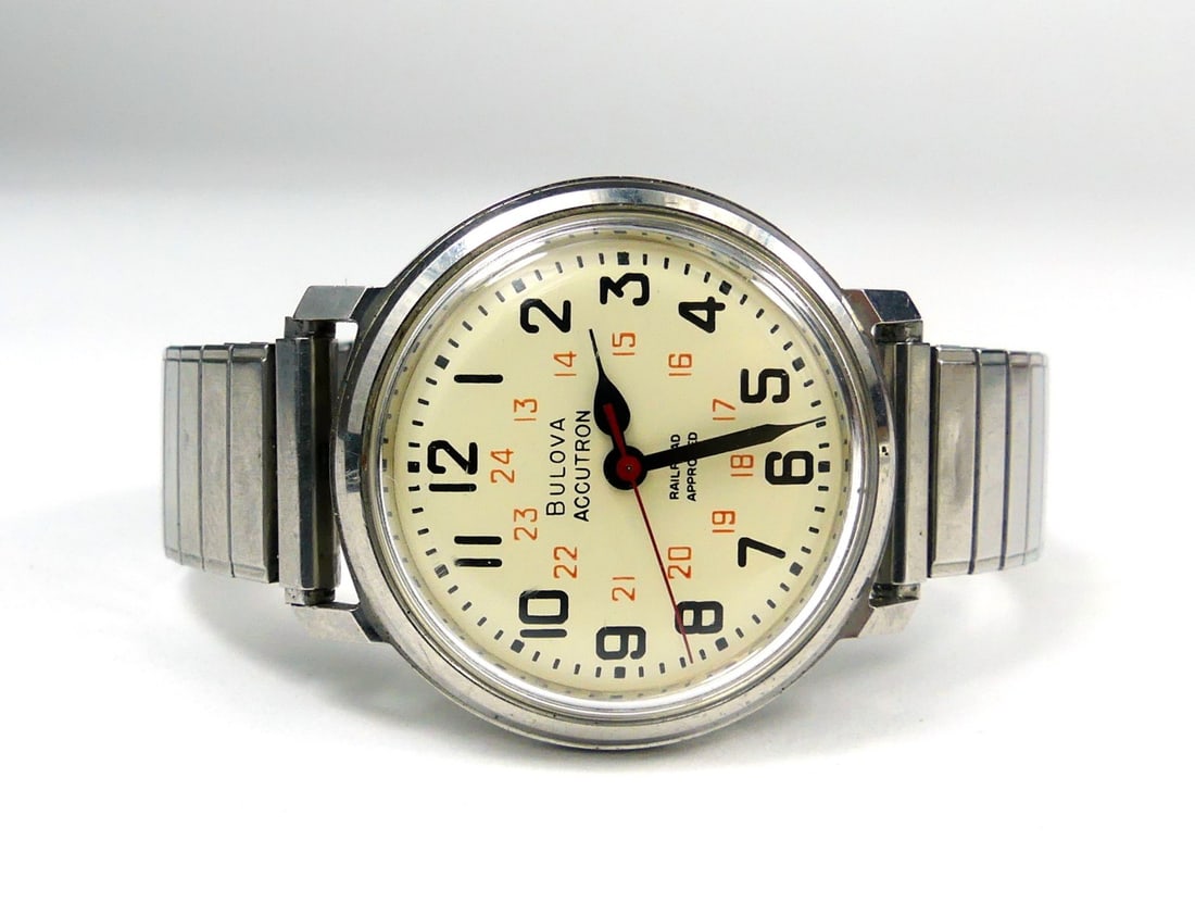 BULOVA ACCUTRON RAILROAD APPROVED WRISTWATCH: Bulova Accurtron Railroad Approved wrist watch. Circa 1975. Case measures 41mm x 36mm.