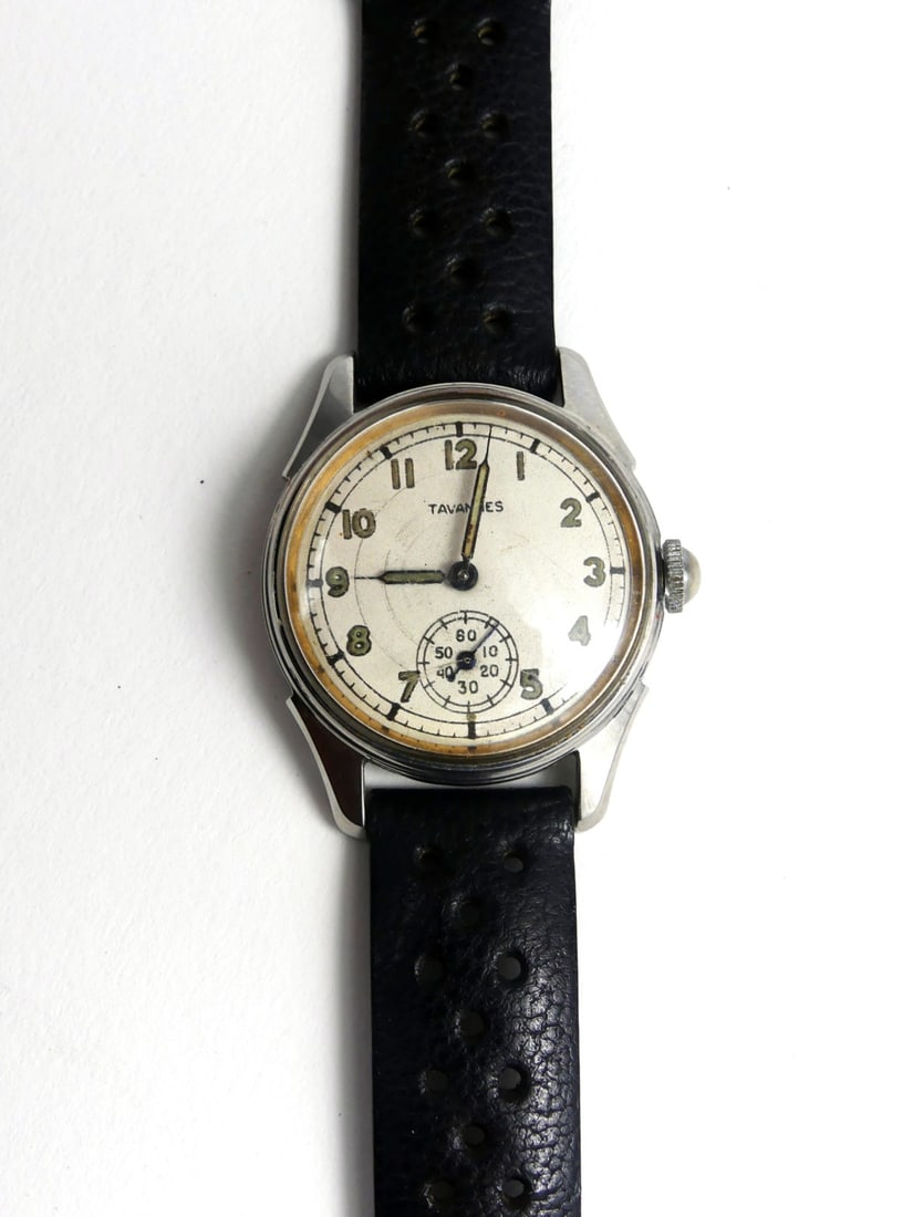 TAVANNES CYMA STAINLESS WW II WRISTWATCH: Tavannes Cyma Men's stainless steel wrist watch. Subsidiary second hand. Case measures 39mm x 31mm. Overall length 8".