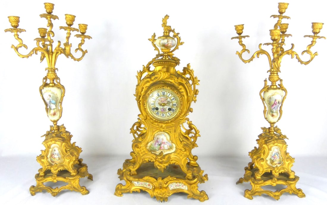 TIFFANY & CO GILT BRONZE PORCELAIN CLOCK GARNITURE (1 of 10)
