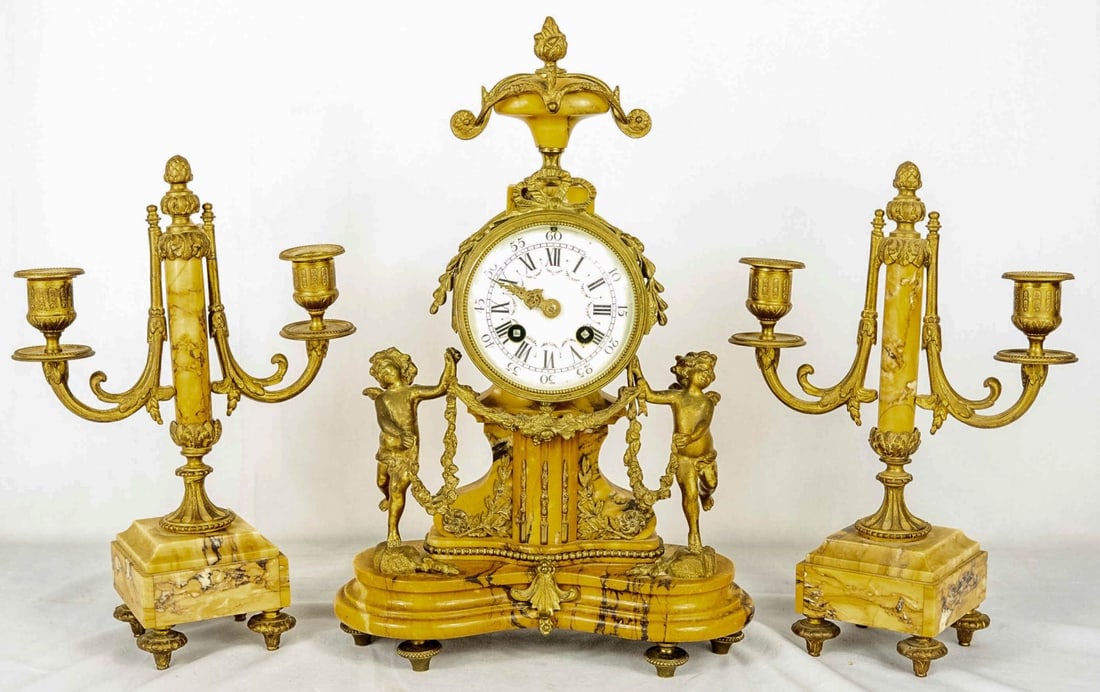 FRENCH GILT METAL & MARBLE GARNITURE CLOCK SET (1 of 10)
