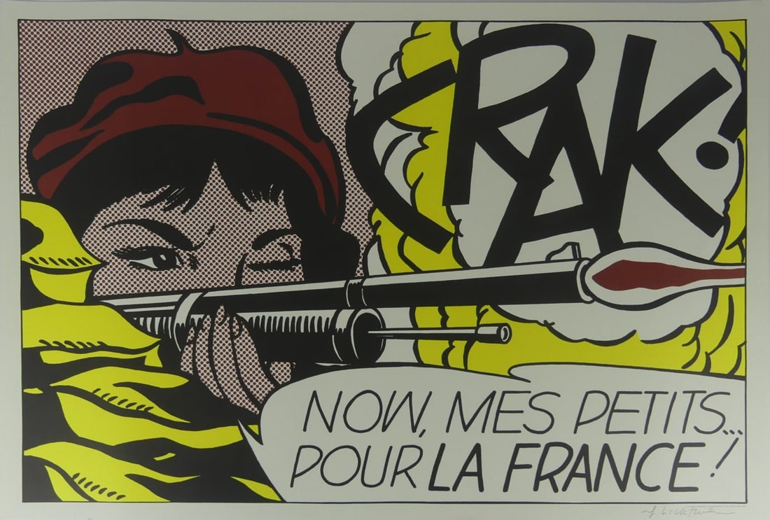 ROY LICHTENSTEIN 'CRAK!' SIGNED LITHOGRAPH: Roy Lichtenstein offset lithograph in colors. Titled 'CRAK!'. Pencil signed lower right. Sheet measures 28 1/2" x 20".
