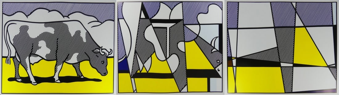 ROY LICHTENSTEIN 'COW GOING ABSTRACT' TRIPTYCH: Roy Lichtenstein triptych titled 'Cow Going Abstract'. First panel is pencil signed lower right. Each sheet measures 30 3/4" x 26".