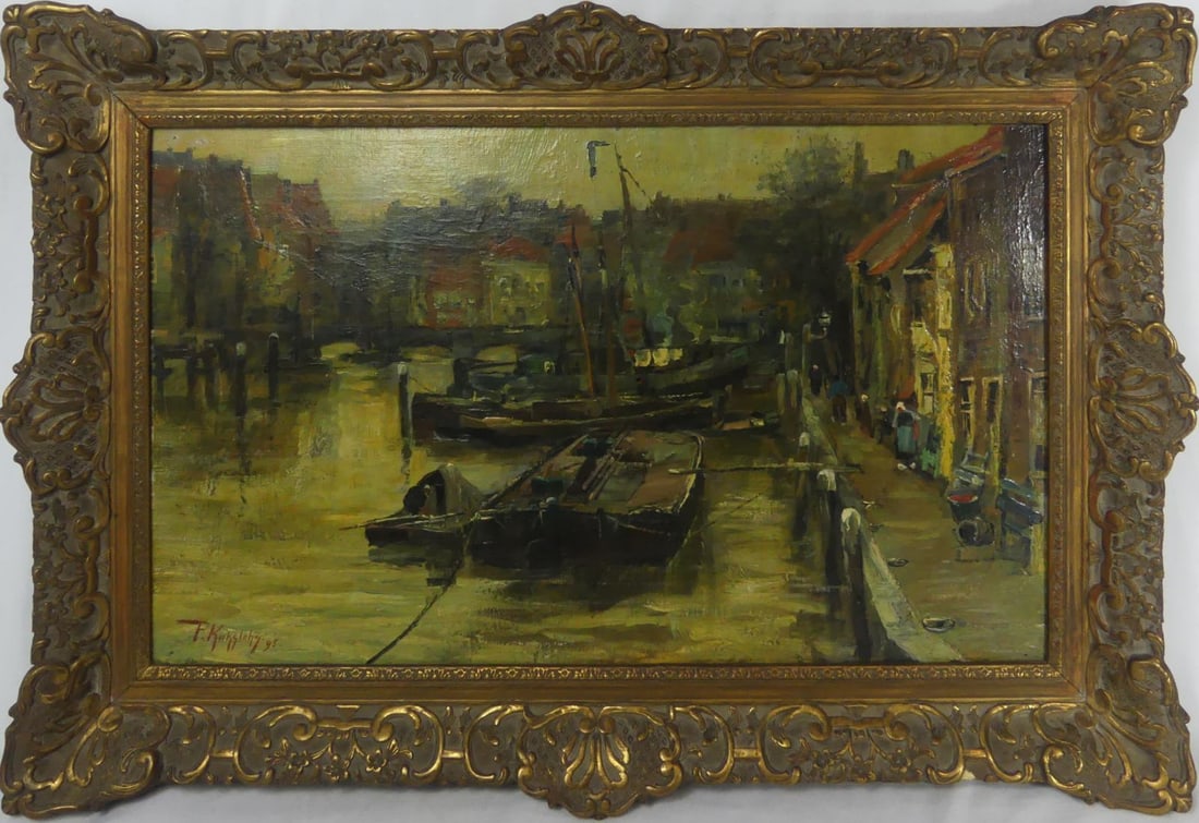 19th C 'HARBOR SCENE' OIL PAINTING / CANVAS SIGNED (1 of 6)