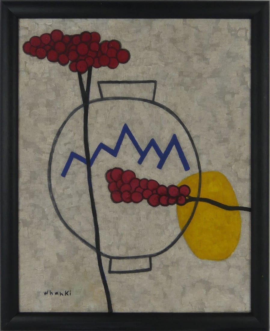 KIM WHANKI 'PLUM BLOSSOMS' OIL PAINTING ON CANVAS: Attributed to Kim Whanki (Korean, 1913-1974) oil painting on canvas. Depicts plum blossoms, vase and sun. Signed lower left. Viewable measures 18" x 14 1/4". Frame measures 20" x 16 1/4" x 1 1/4".