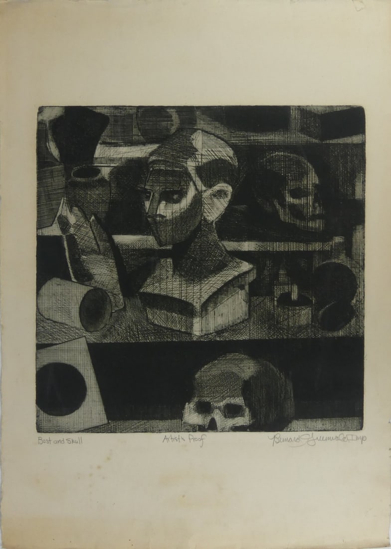 BERNARD GREENWALD 'BUST AND SKULL' ETCHING: Bernard Greenwald 'Bust and Skull' etching. Pencil signed lower right. Titled lower left and inscribed Artist's Proof lower center. Sheet measures 29 1/2" x 21".