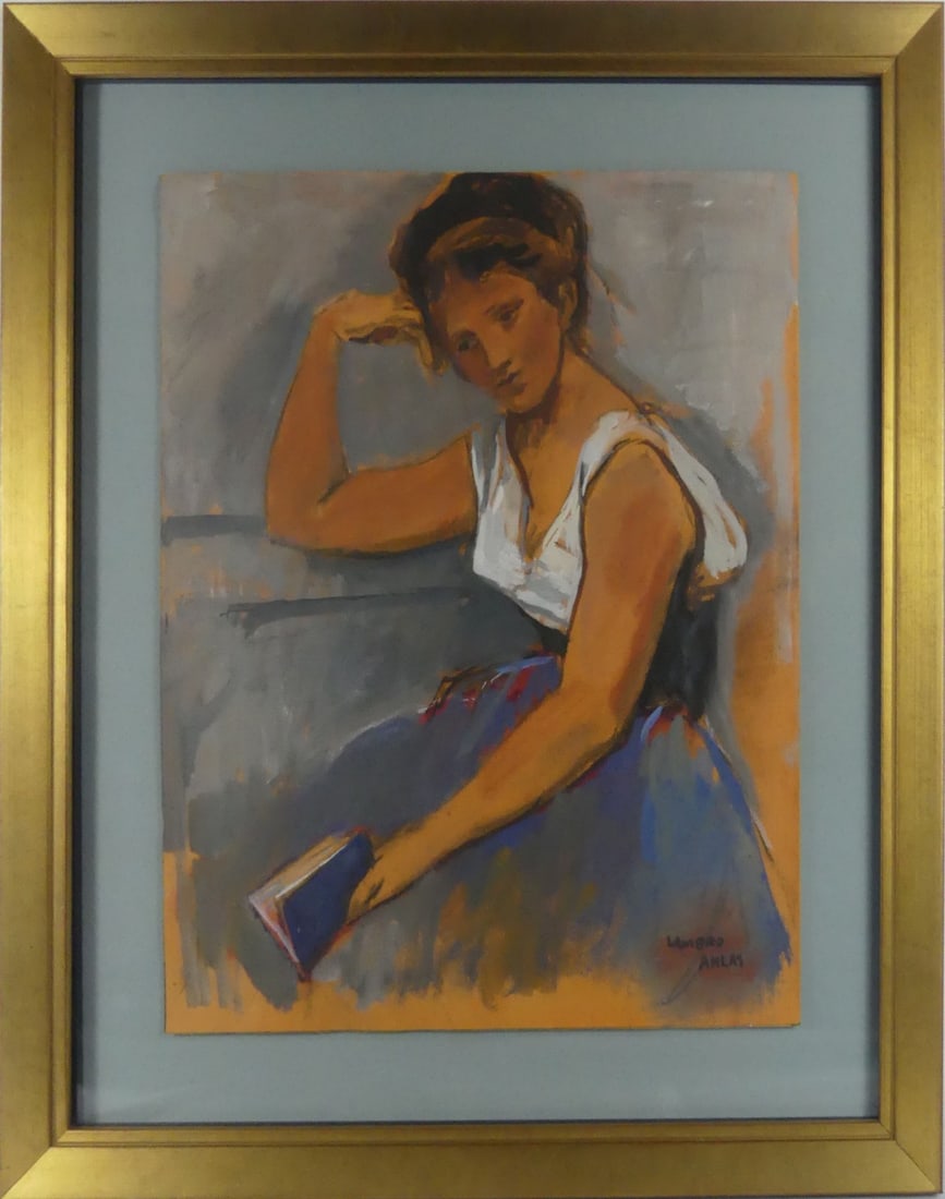 LAMBRO AHLAS 'LADY WITH BOOK' MIXED MEDIA ON PAPER: Lambro Ahlas (American, b. 1928) mixed media with pastel, charcoal and gouache on paper depicting a woman with book. Signed lower right. Sheet measures 17" x 13 3/4". Frame measures 23 1/2" x 20" x 1"