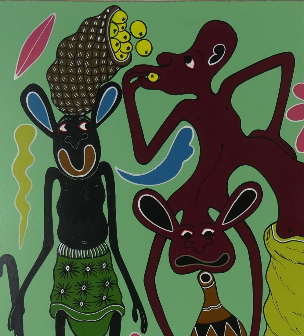 GEORGE LILANGA ORIGINAL OIL PAINTING ON BOARD: George Lilanga di Nyama (Tanzanian, 1934-2005) oil painting on masonite. Signed to lower edge. Titled Ubora Wa Matunda to verso. Includes certificate of authenticity. Measures 24" x 24".