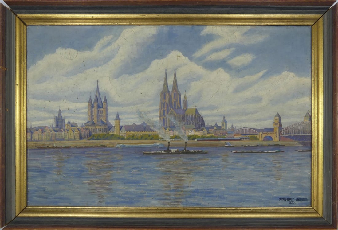 COLOGNE CATHEDRAL OIL PAINTING ON CANVAS SIGNED: Oil painting on canvas depicting Cologne Cathedral in Germany. Signed illegibly Robert B??? lower right and dated 1926. Viewable measures 22" x 14". Frame measures 25" x 17".