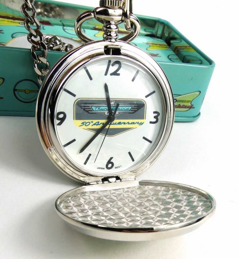 FORD THUNDERBIRD 50th ANNIVERARY POCKET WATCH: Ford Thunderbird 50th Anniversary pocket watch with original box. Case measures 46mm diameter. Box measures 4 1/4" x 3" x 1 1/8".