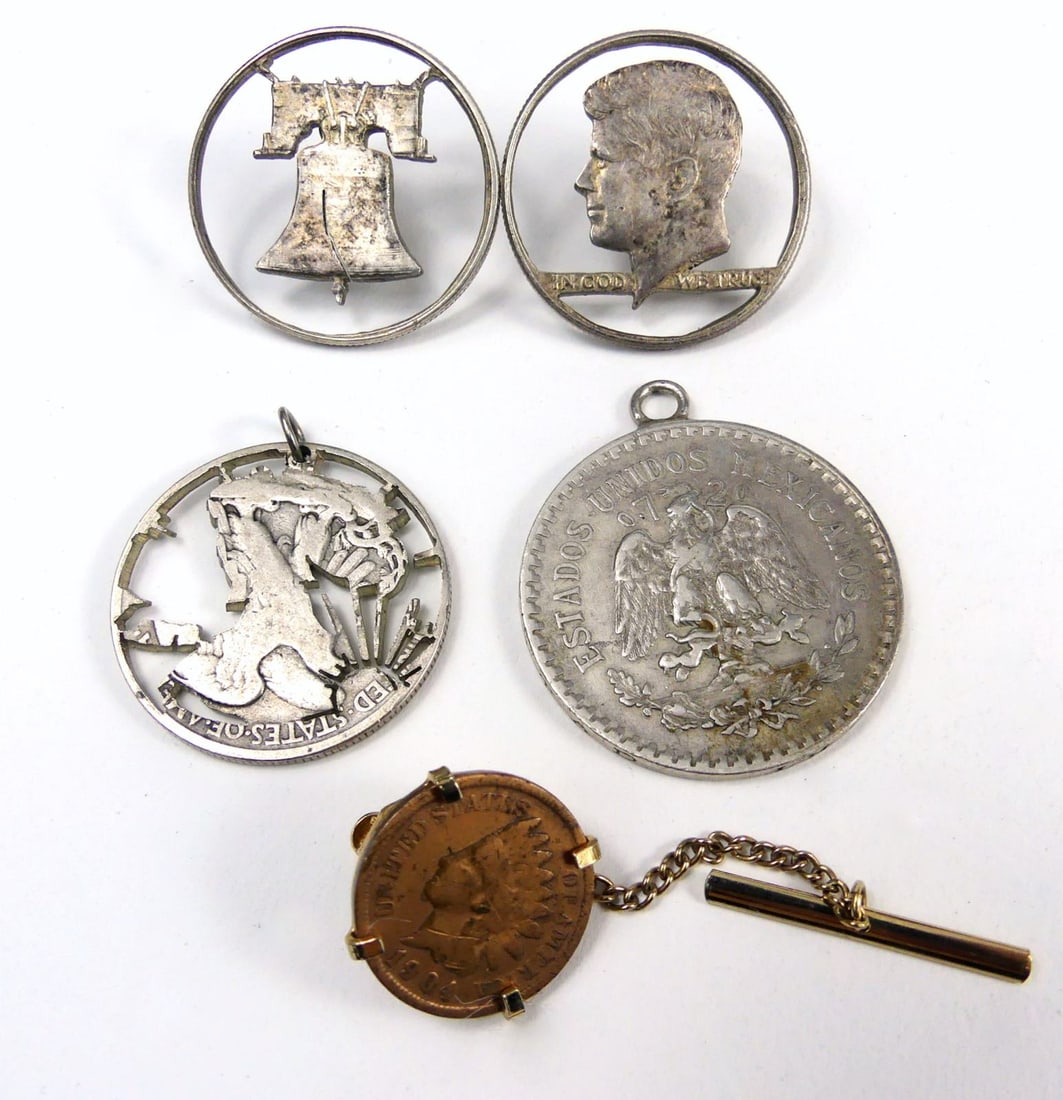 5pc SILVER COIN SUITE: EARRINGS, PENDANTS, TIE PIN: Two earrings and pendant half dollar suite. 1922 Mexican silver peso pendant. 1903 Indian cent tie clip. Largest measures 40mm x 34mm.