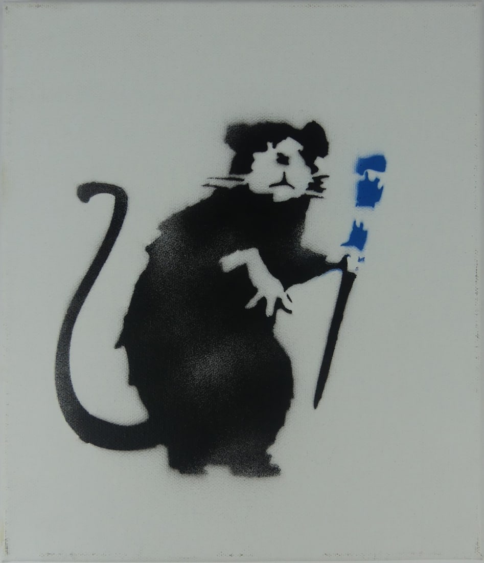 BANKSY 'PAINTBRUSH RAT' STENCIL ON CANVAS (1 of 9)