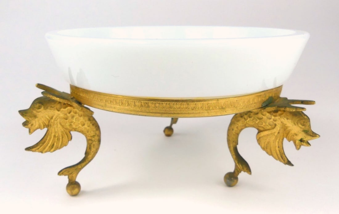 FRENCH OPALINE GLASS TRAY w GILT METAL MOUNT: French Opaline glass dish raised on gilt metal tripod fish feet. Measures 5 3/4" x 5 3/4" x 3 1/4".
