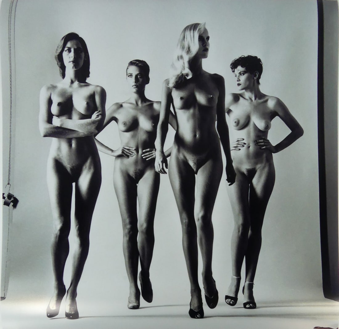 HELMUT NEWTON 'SIE KOMMEN, NAKED' PHOTO-LITHO: Helmut Newton photo-litho. Titled 'Sie Kommen Naked'. Sheet measures 24 1/4" x 23 7/8".