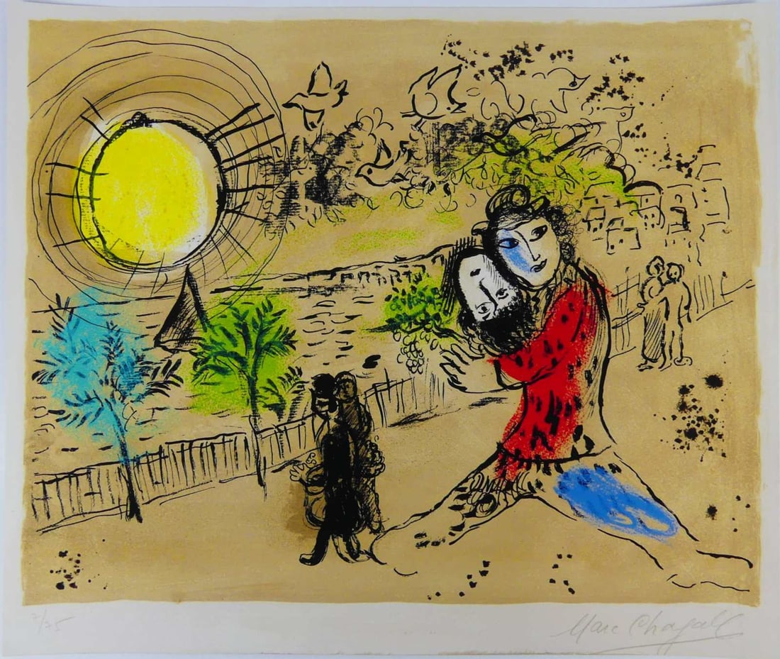 MARC CHAGALL 'LE SOLEIL JAUNE' PRINT IN COLORS: Marc Chagall 'Le Soleil Jaune' print in colors. Signed and numbered in the plate. After the original plate. Sheet measures 22" x 18 7/8".
