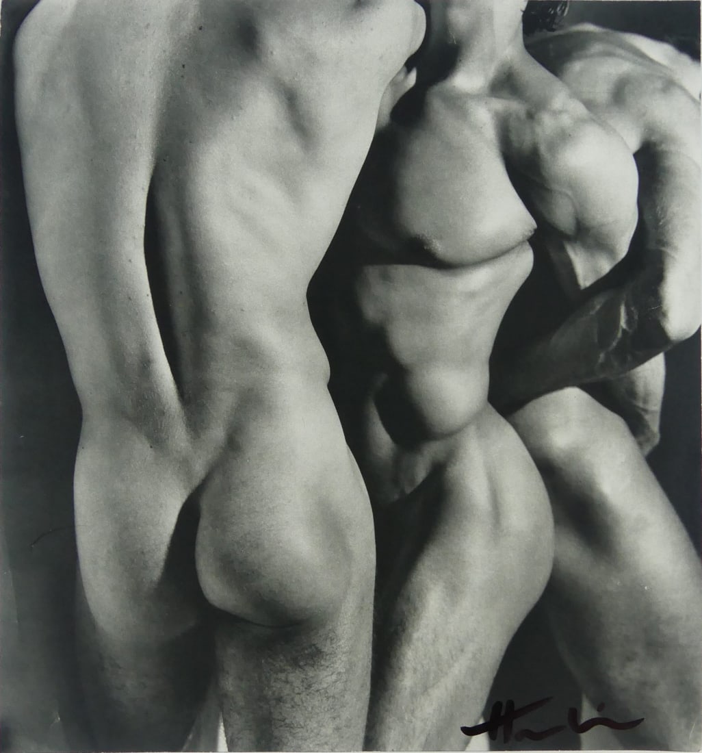 HERB RITTS 'THREE MALE TORSOS' SIGNED PHOTOGRAVURE: Herb Ritts 'Three Male Torsos' photogravure. Signed in black marker lower right. Measures 11" x 10 1/8".