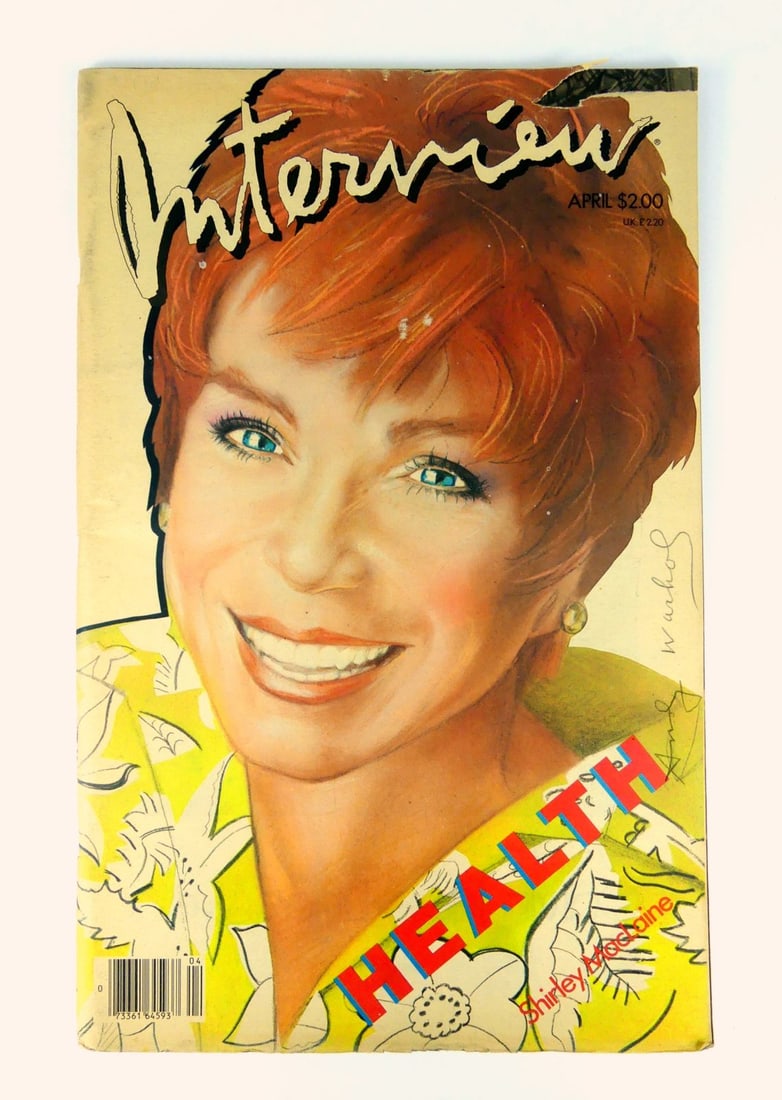 SHIRLEY MACLAINE INTERVIEW MAGAZINE WARHOL SIGNED: Interview Magazine featuring Shirley Maclaine to cover. Signed Andy Warhol in pencil along right edge. Measures 17" x 11".