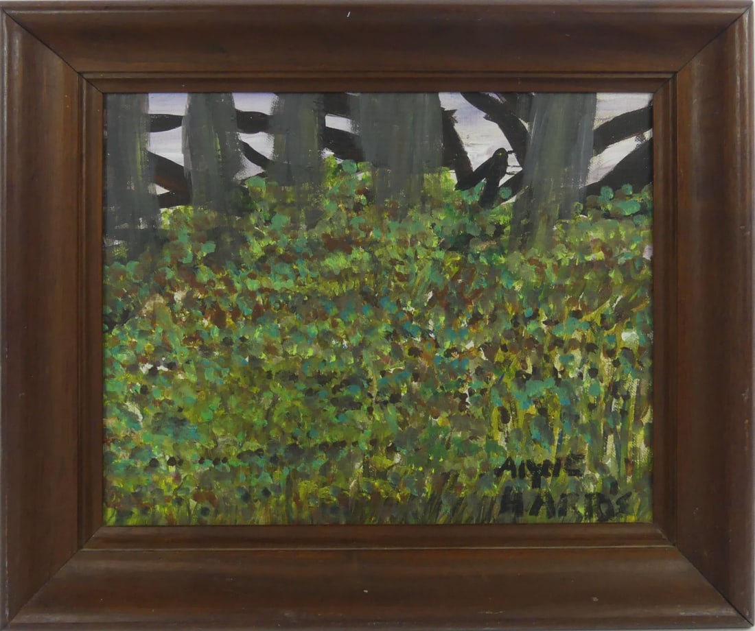 ALYNE HARRIS PAINTING ON CANVAS BOARD: Alyne Harris folk art painting on canvas board depicting a landscape with black bird. Signed lower right. Viewable measures 13 1/4" x 10 1/2". Frame measures 17 3/4" x 14 3/4" x 2".