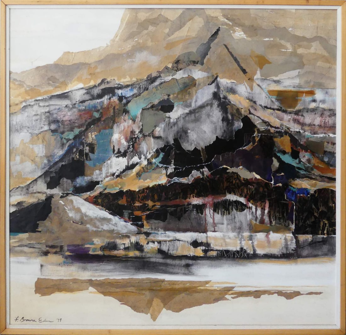 FLORENCE BROWN EDEN OIL PAINTING ON CANVAS: Florence Brown Eden oil painting on canvas depicting a mountainous landscape. Signed lower left and dated 1979. Viewable measures 49 1/4" x 47 1/2". Frame measures 52" x 50" x 2".