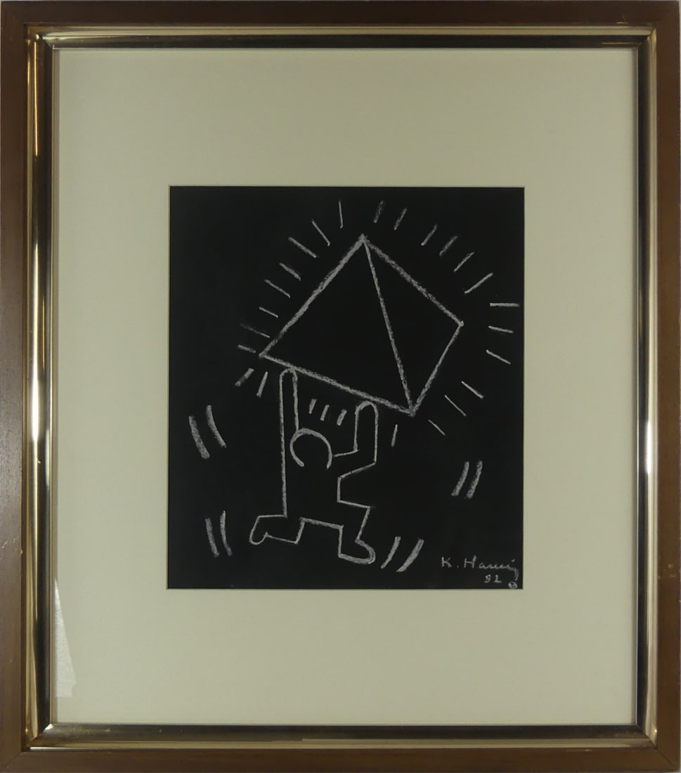 KEITH HARING SUBWAY SERIES CHALK DRAWING ON PAPER: Subway Series chalk drawing on black paper in the manner of Keith Haring (American, 1958-1990). Depicts a figure with pyramid. Signed and dated lower right. Viewable measures 14" x 12". Frame measures