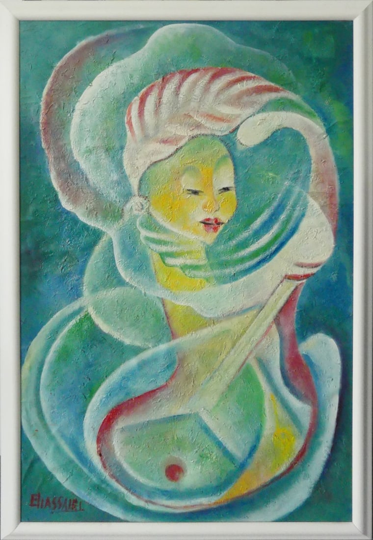 ELIASSAINT HAITIAN OIL PAINTING ON BOARD: Haitian oil painting on board depicting an abstract portrait of a woman. Signed lower left. Viewable measures 48 1/2" x 32". Frame measures 52 1/2" x 36 1/4" x 1 1/2".