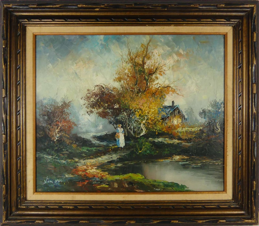 VAN GAKE 'WOMAN & COTTAGE' OIL PAINTING ON CANVAS: Van Gake oil painting on canvas depicting a landscape with woman and cottage. Signed lower left. Viewable measures 23 1/2" x 19 1/2". Frame measures 32" x 28" x 1 1/2".