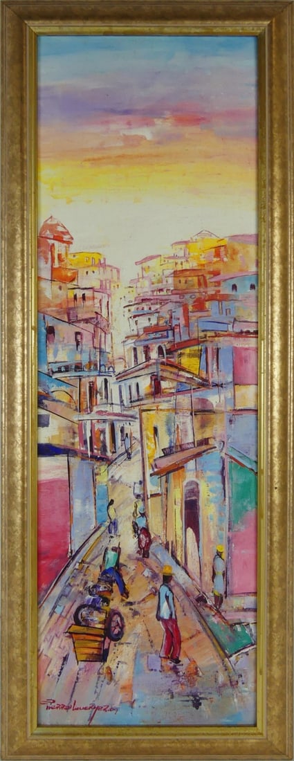 PIERRE LUCKNER HAITIAN OIL PAINTING ON BOARD: Pierre Luckner oil painting on canvasboard depicting a Haitian street scene. Signed and dated lower left. Viewable measures 28 1/2" x 9". Frame measures 31 3/4" x 12 1/4" x 1 1/4".