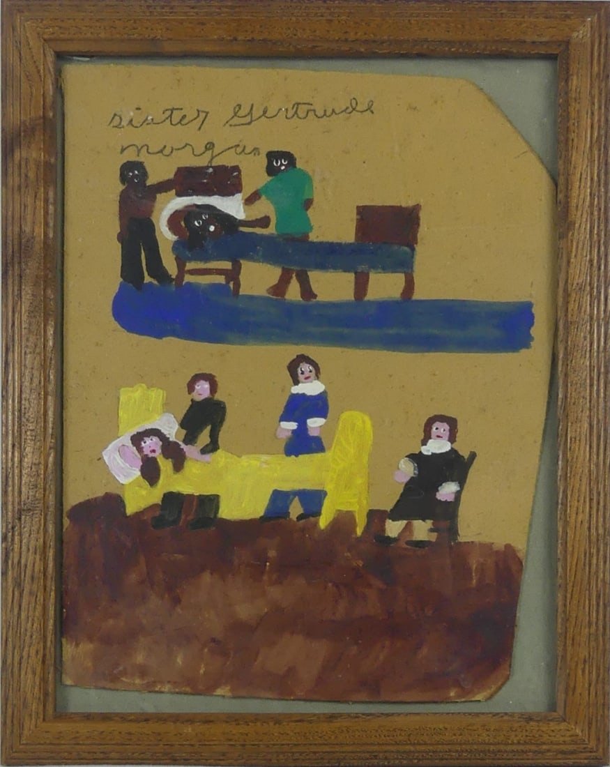 SISTER GERTRUDE MORGAN PAINTING ON CARDBOARD: Acrylic painting on cardboard depicting two families and hospital beds attributed to Sister Gertrude Morgan. Signed in pencil upper left. Sheet measures approx 10 1/8" x 8". Frame measures 12 3/8" x 9