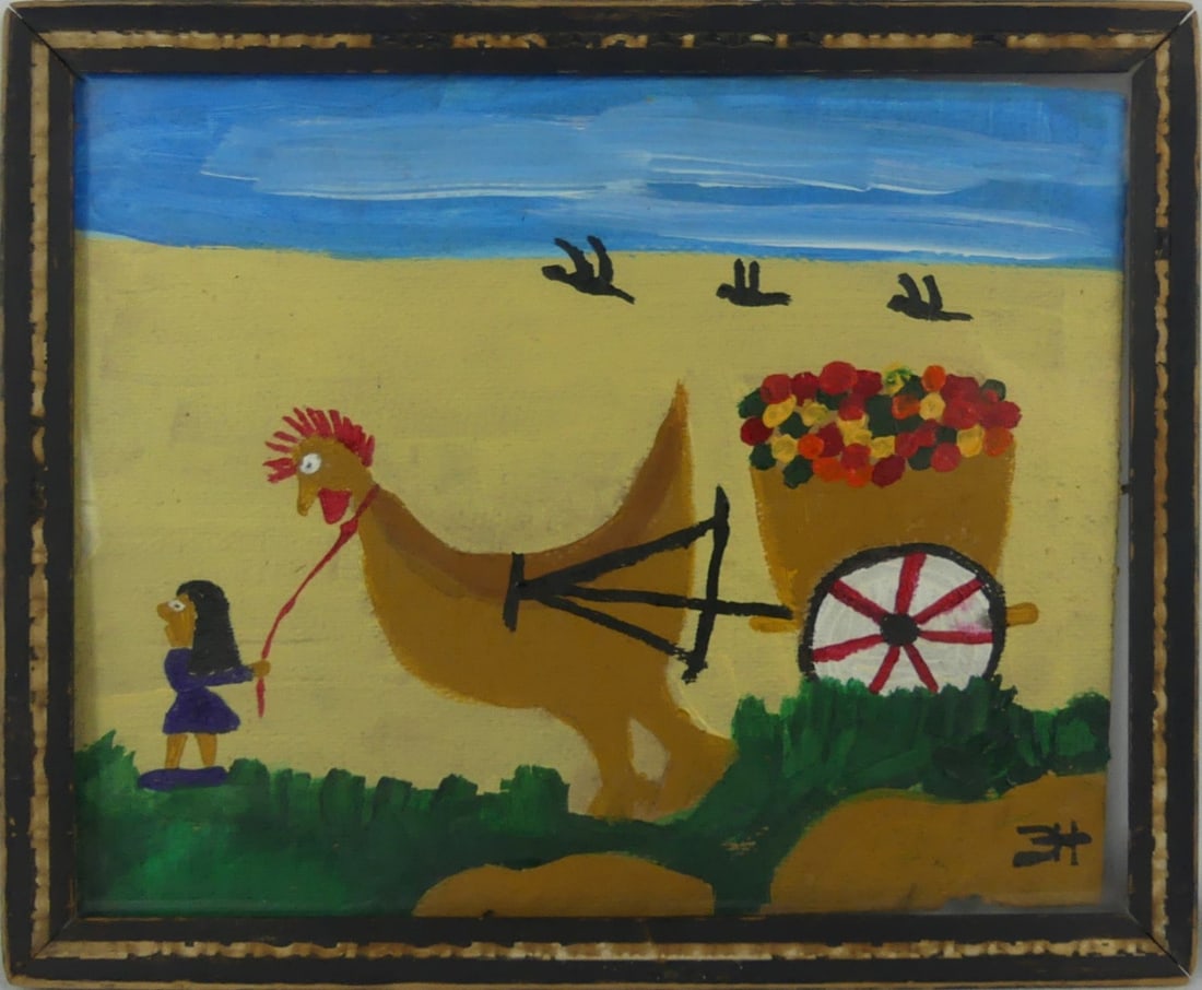 CLEMENTINE HUNTER 'BIG CHICKEN CART' OIL ON BOARD: Oil painting on paper depicting a large chicken with flower cart attributed to Clementine Hunter (American, 1887-1988). Monogrammed lower right. Holds labels to verso. Viewable measures 11 1/2" x 9".