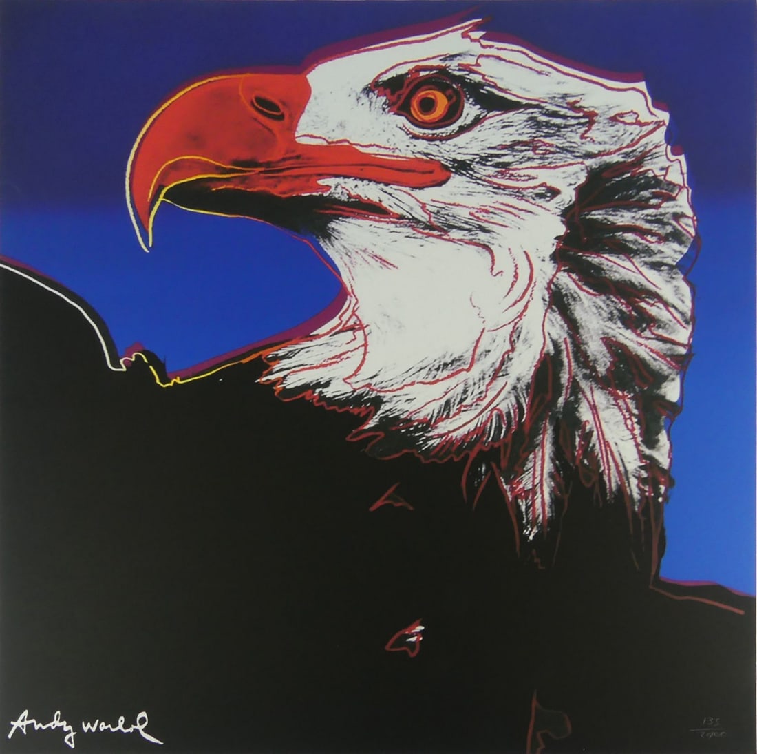 ANDY WARHOL 'BALD EAGLE' LITHOGRAPH: Andy Warhol Bald Eagle from the Endangered Species Portfolio lithograph. Signed in the plate lower left. Numbered 135/2400 in pencil lower right. CMOA stamp to verso. Sheet measures 23 1/2" x 23 5/8".
