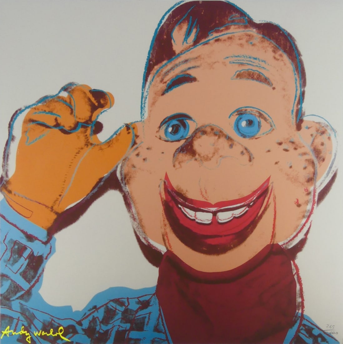 ANDY WARHOL 'HOWDY DOODY' LITHOGRAPH: Andy Warhol lithograph in colors. Titled 'Howdy Doody' from the Myths series. Signed in the plate lower left. Numbered 265/2400 lower right. CMOA stamp to verso. Measures 23 5/8" x 23 5/8".