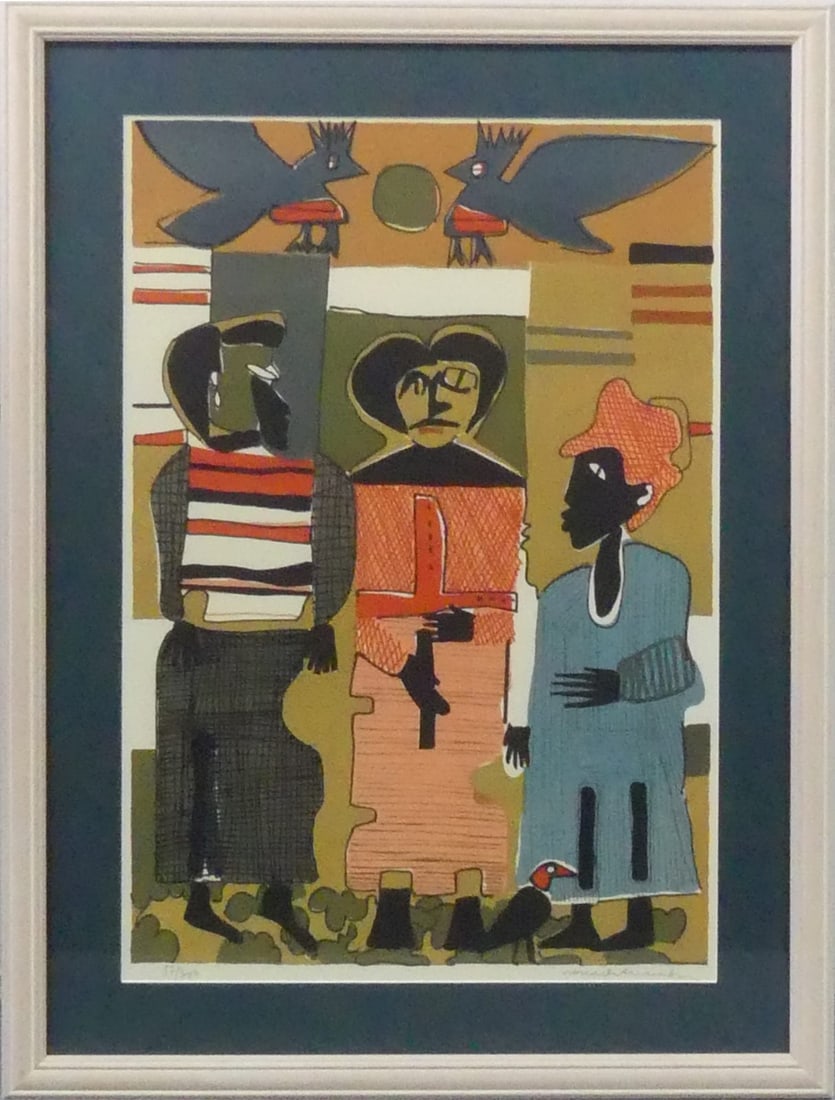 ROMARE BEARDEN 'FIREBIRDS' OFFSET LITHOGRAPH: Romare Bearden 'Firebirds' offset lithograph. Signed and numbered 52/300 in pencil to lower margin. Viewable measures 24 1/2" x 16 3/4". Frame measures 31 1/4" x 23 3/4" x 1".