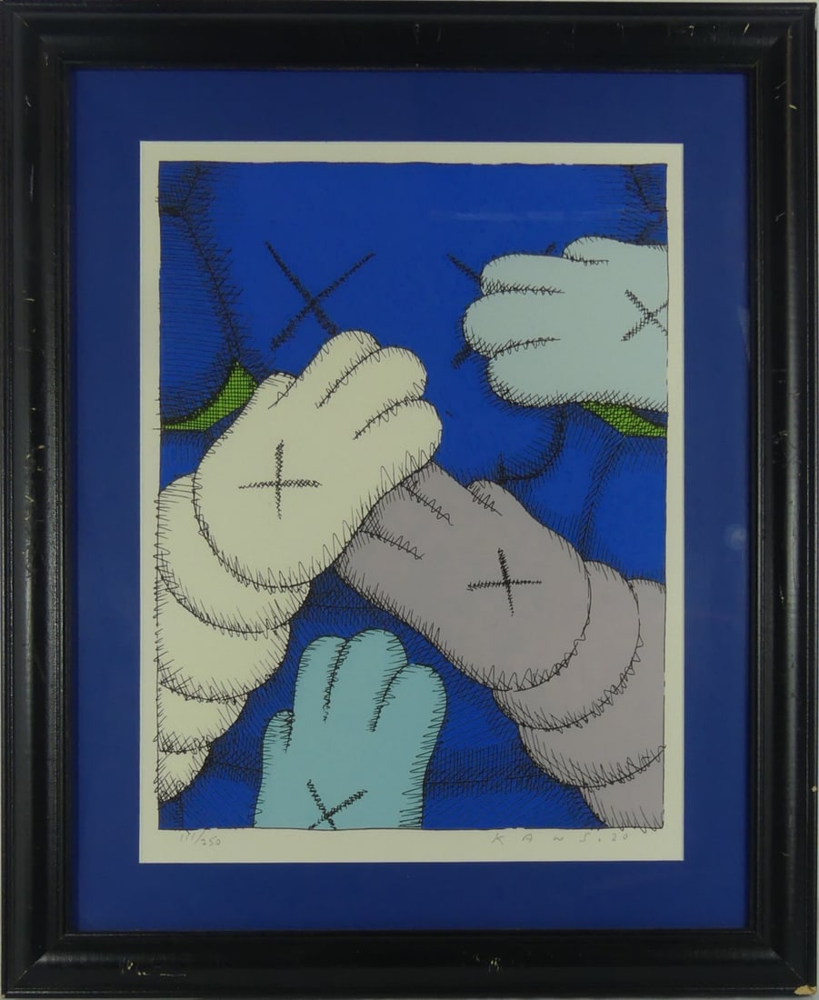 KAWS 'URGE' PRINT IN COLORS: Kaws 'Urge' print in colors. Pencil signed and dated 2020 lower right. Numbered 171/250 lower left. Viewable measures 16 1/2" x 12 1/4". Frame measures 22 1/2" x 18 1/2".