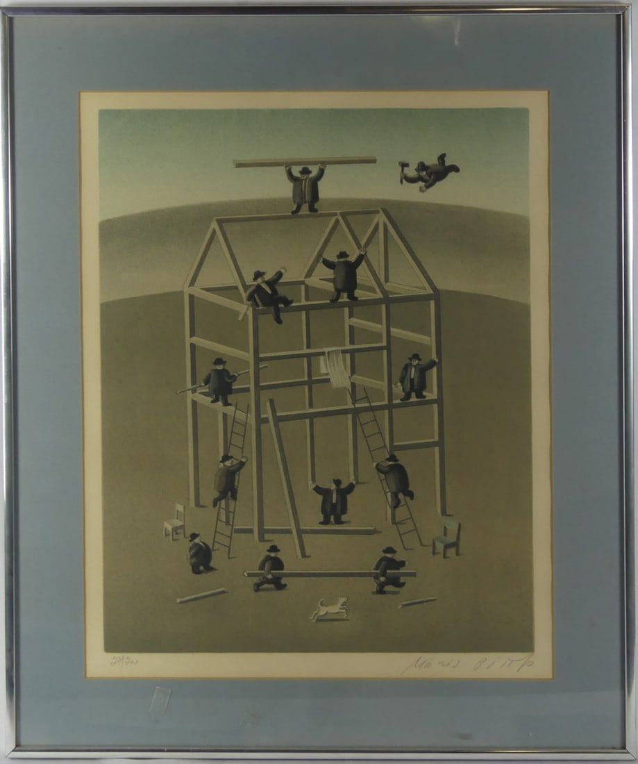 MARIS BISHOFS 'FIGURES BUILDING' LITHOGRAPH: Maris Bishofs (Latvian - Israeli , b. 1939) surrealist lithograph depicting figures constructing a building. Pencil signed lower right. Numbered 27/200 lower left. Viewable measures 18 3/4" x 15". Fra